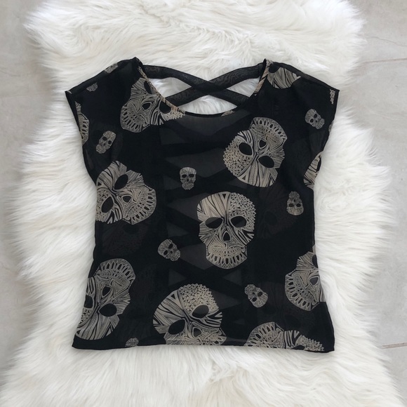 Sheer Tribal Skull Blouse w/ Open Back, size S - Picture 1 of 7